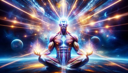 Enhance the vibrant human form in a meditative state by adding powerful beams of light emanating from the eyes, symbolizing enlightenment and inner vibration