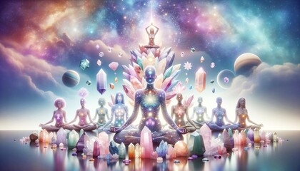 A group of people are sitting in a circle, meditating and surrounded by crystals. The scene is peaceful and serene, with the crystal formations adding a sense of calm and tranquility to the atmosphere