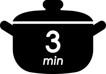 3 min cooking time black filled label, cooking pot symbol with three minute mark