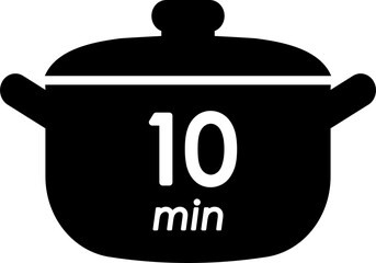 10 min cooking time black label, cooking pot symbol with ten minute mark, boiling time