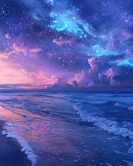 Starlit beach, watercolor hues, gentle surf, peaceful, cosmic glow - obrazy, fototapety, plakaty