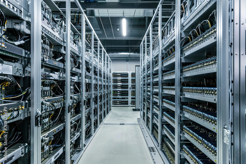 Aufkleber modern data center with rows of server racks and tangled wires on the walls