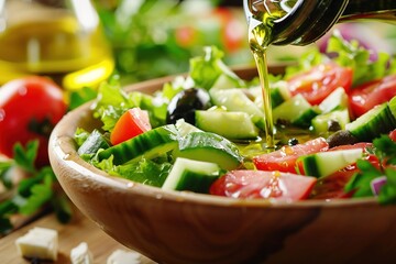 olive oil pouring into bowl of fresh salad on a wooden table