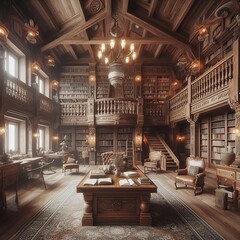 Interior view of a library with rustic style and wooden elements and furniture created with generative ai