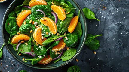 Fresh spinach salad with oranges, feta (ricotta) cheese, red onion and pine nuts