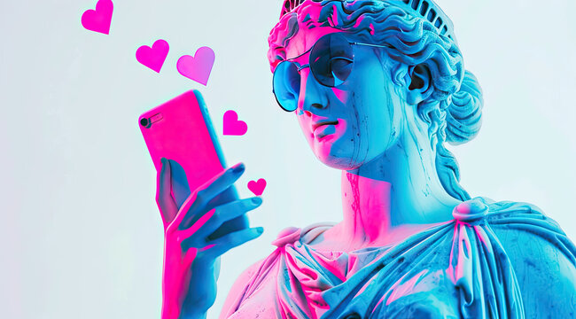 A painted sculpture of a girl in the ancient Greek pop art style with glasses, a girl holding a smartphone in her hands and looking at the screen, hearts flying around 20