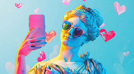 A painted sculpture of a girl in the ancient Greek pop art style with glasses, a girl holding a smartphone in her hands and looking at the screen, hearts flying around 15