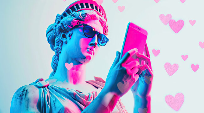 A painted sculpture of a girl in the ancient Greek pop art style with glasses, a girl holding a smartphone in her hands and looking at the screen, hearts flying around 9