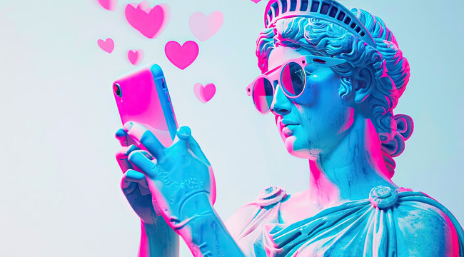 A painted sculpture of a girl in the ancient Greek pop art style with glasses, a girl holding a smartphone in her hands and looking at the screen, hearts flying around 8
