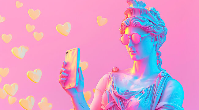 A painted sculpture of a girl in the ancient Greek pop art style with glasses, a girl holding a smartphone in her hands and looking at the screen, hearts flying around 7