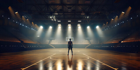 Obraz premium A basketball player in an empty basketball court is illuminated by spotlights, creating dramatic lighting effects. An empty basketball arena or stadium with spotlights, polished wood, and fan seats.