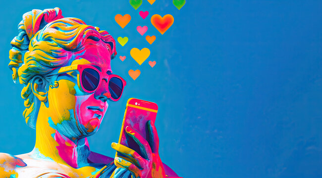 A painted sculpture of a girl in the ancient Greek pop art style with glasses, a girl holding a smartphone in her hands and looking at the screen, hearts flying around 4