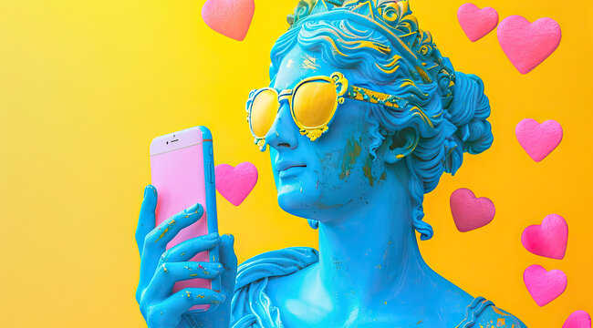 A painted sculpture of a girl in the ancient Greek pop art style with glasses, a girl holding a smartphone in her hands and looking at the screen, hearts flying around 3
