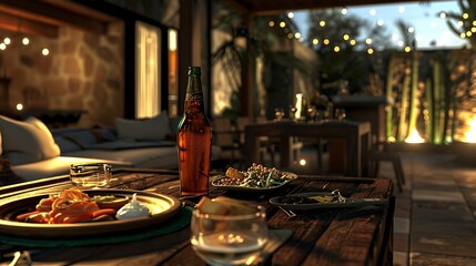 an image of a cozy outdoor patio with a sophisticated cocktail table, displaying a tempting spread of food, with the spotlight on a refreshing beer bottle