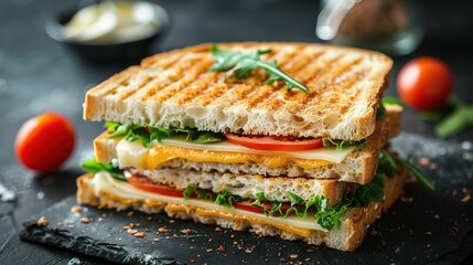 Grilled and pressed toast with smoked ham, cheese, tomato and lettuce - 769175092