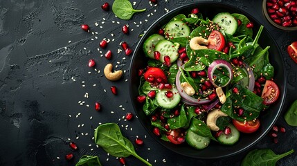 Obraz na płótnie Canvas Healthy vegetable salad of fresh tomato, cucumber, onion, spinach, lettuce and sesame on plate