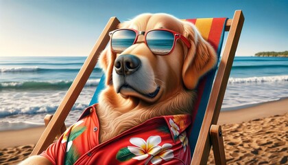 A Golden retriever dog is wearing sunglasses and a Hawaiian shirt and is laying on a beach chair, a sense of relaxation and leisure, as the dog appears to be enjoying a day at the beach