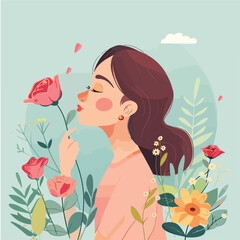 Obraz na płótnie Canvas Woman smelling rose surrounded by flowers cartoon v