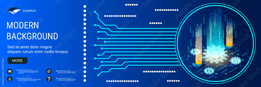 Poster digital technology banner vector design template. information computing, data processing flat 3d iso