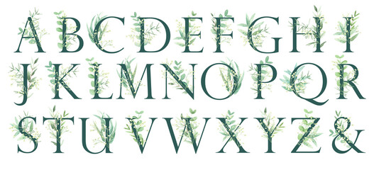 Set of floral alphabets - letters. The letters of the alphabet are dark green, decorated with watercolor herbs, twigs and gypsophila flowers. Wedding, birthday, baby shower, other creative ideas.
