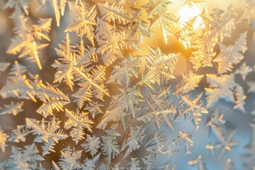 Intricate patterns of frost with the crystal structures forming abstract designs that are both geometric and organic, morning light casts a warm glow created with Generative AI Technology