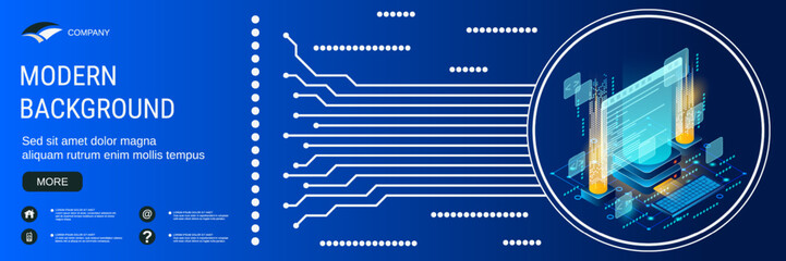 Digital technology banner vector design template. Code processing, software development, program coding 3d isometric concept