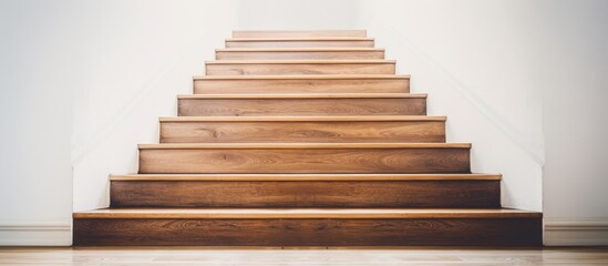 Wooden staircase in a bright white room, close-up highlighting the intricate design and texture