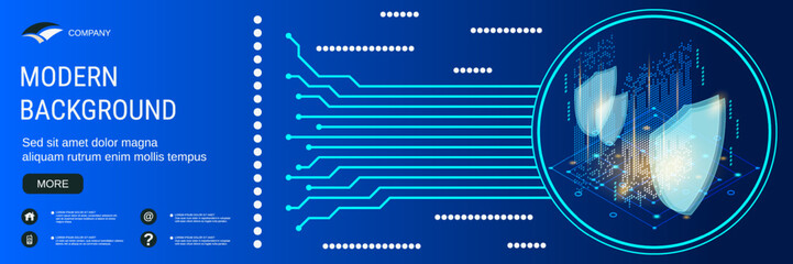 Digital technology banner vector design template. Data protection, information security flat 3d isometric concept
