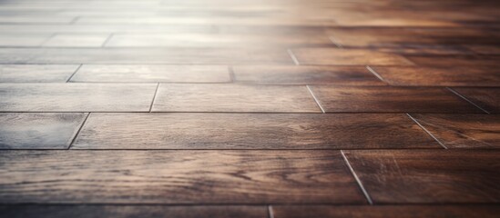 A closeup shot of a hardwood flooring with a brown wood stain, creating a beautiful pattern of rectangles with the sun shining through it - obrazy, fototapety, plakaty