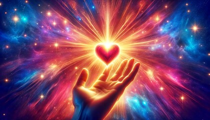 A hand holding a heart in a colorful space. The heart is surrounded by a bright light and the hand is reaching out towards it. Concept of love, hope, and connection to something greater than oneself