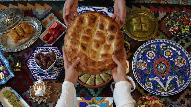 Muslim Family at Traditional Ramadan Iftar Table. Eid al-Fitr Celebrations, Eid Mubarak Concept Video, &Uuml;sk&uuml;dar Istanbul, Turkey (Turkey)