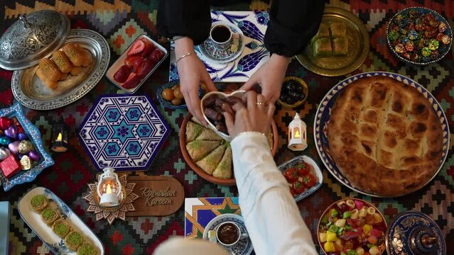 Muslim Family at Traditional Ramadan Iftar Table. Eid al-Fitr Celebrations, Eid Mubarak Concept Video, &Uuml;sk&uuml;dar Istanbul, Turkey (Turkey)