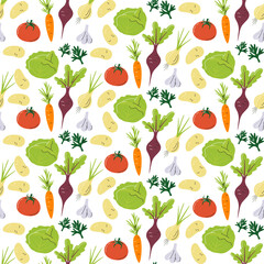 Local farmer's market vegetables seamless pattern design. Packing and wrapping paper print. Traditional Russian soup ingredients drawing background. Borsch veggies hand drawn flat vector illustration