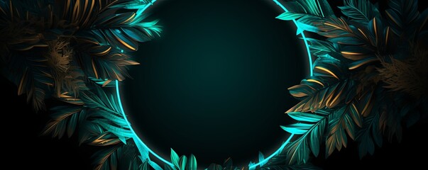 Khaki neon frame with leaves on black background, in the style of circular shapes, tropical landscapes