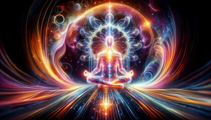 dynamic spiritual awakening scene, adding the concept of a spiritual light body surrounding the meditating