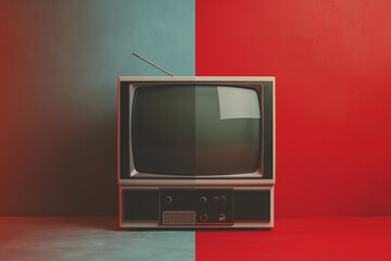 Vintage television on red and blue background