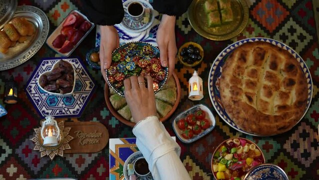 Muslim Family at Traditional Ramadan Iftar Table. Eid al-Fitr Celebrations, Eid Mubarak Concept Video, &Uuml;sk&uuml;dar Istanbul, Turkey (Turkey)