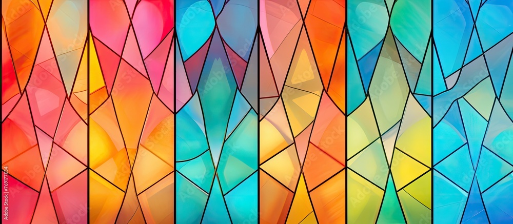 Poster vibrant colors fill a close-up view of a stained glass window, showcasing intricate design and artis