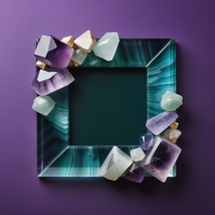 Blank Frame Decorated with Green and Purple Mineral Crystal Rocks