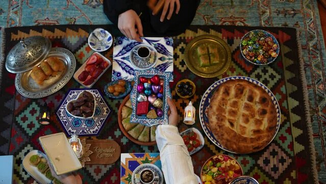 Muslim Family at Traditional Ramadan Iftar Table. Eid al-Fitr Celebrations, Eid Mubarak Concept Video, &Uuml;sk&uuml;dar Istanbul, Turkey (Turkey)