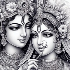 Divine Embrace: Close-Up Drawing of the Beautiful Goddess Radha and Lord Krishna - obrazy, fototapety, plakaty