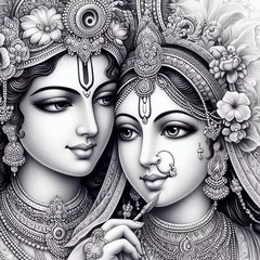 Fotobehang Divine Embrace: Close-Up Drawing of the Beautiful Goddess Radha and Lord Krishna © MrArsalan`s Art