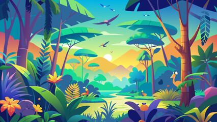 Jungle landscape with dinosaurs and lush vegetation - obrazy, fototapety, plakaty