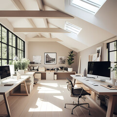 A minimalist office workspace with natural light. 