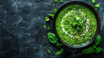 Poster Broccoli, spinach and green peas cream soup on a dark concrete background. © Vasiliy