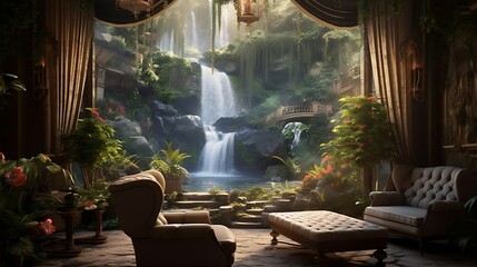 a visually stunning image that seamlessly combines the allure of a cascading waterfall with a lush, verdant environment, cozy seating, and timeless doors, forming an idyllic haven