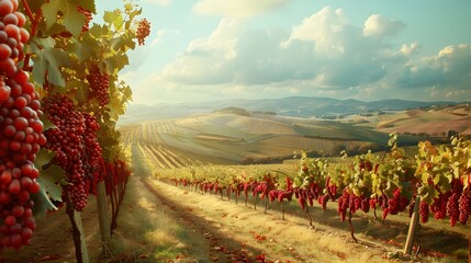 Tuscan vineyard with red grapes.