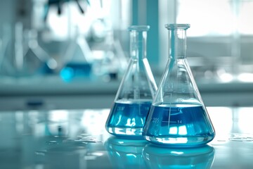 A closeup of glass beakers filled with clear blue liquid, set on an open laboratory table in front of blurred lab equipment and white walls Generative AI