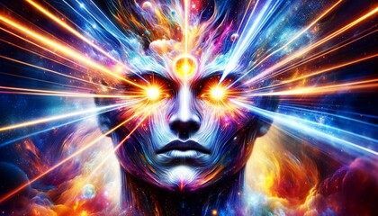 Spiritual awakening concept : A colorful face with glowing eyes and a glowing aura. The face is surrounded by a bright, colorful background
