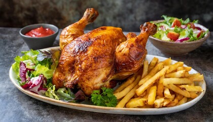 Grilled chicken with french fries and salad